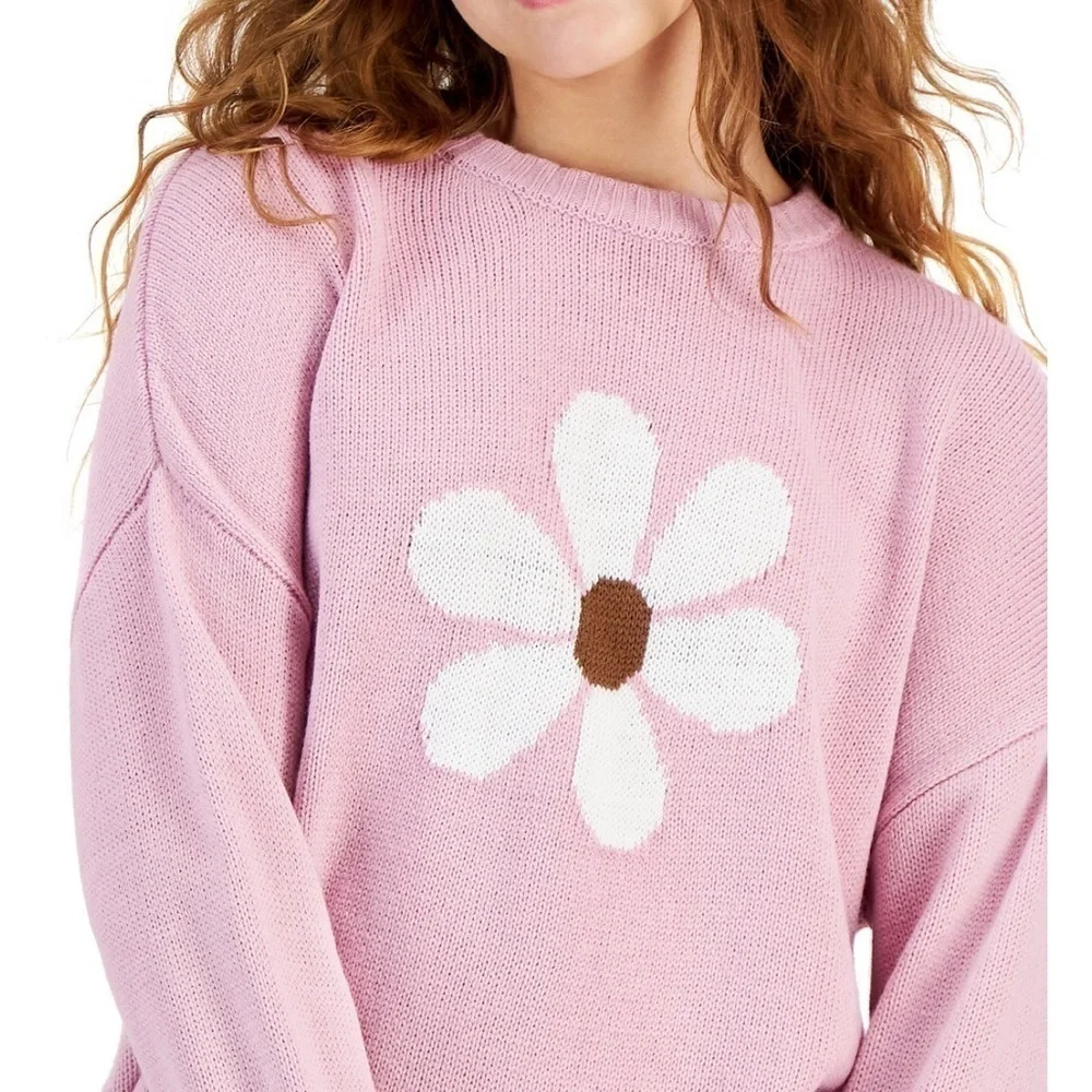 Just Polly' Daisy Graphic Ribbed-Edge Sweater Medium - Picture 2 of 4